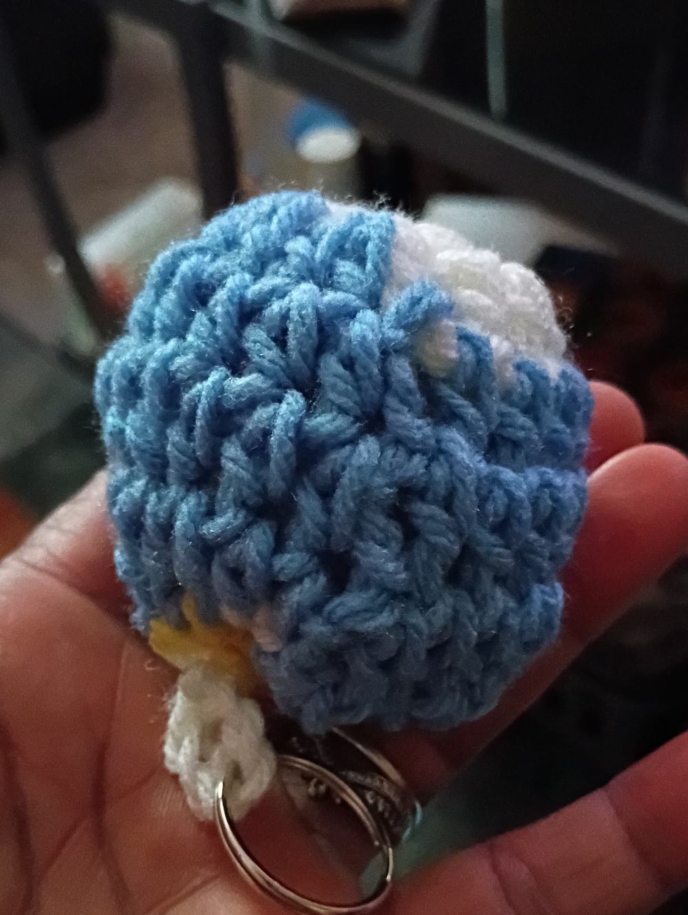 Handmade Small Crochet Ball Key Chain - Blue and White
